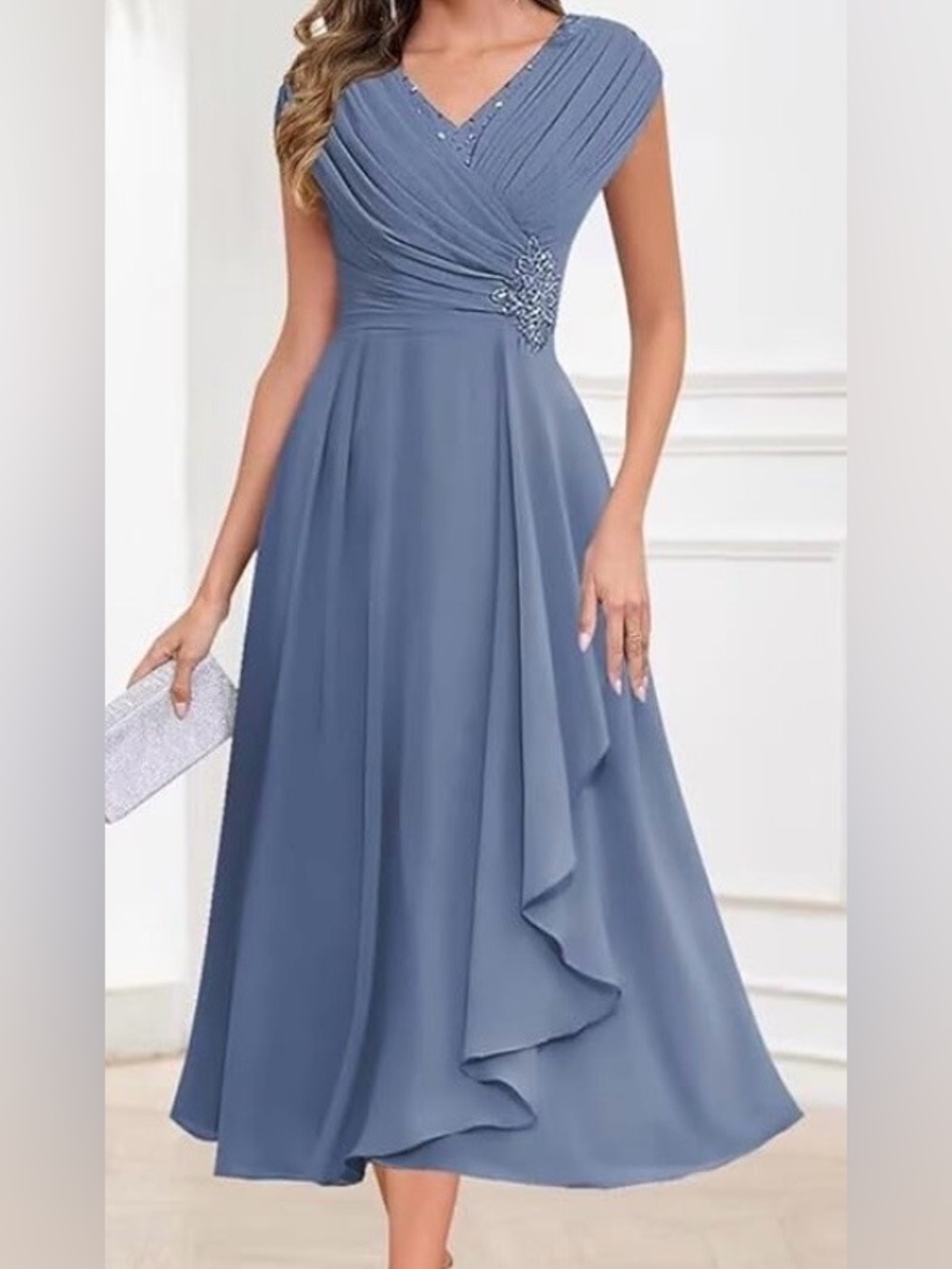 New Dusty Blue Chiffon Formal Dress; Perfect for Weddings, Proms, All Events